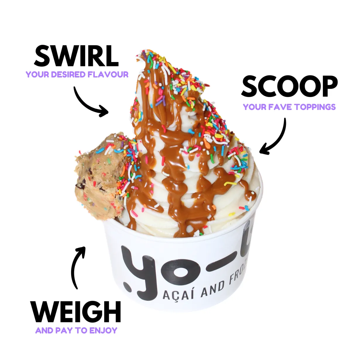 Yo-Bar Self-Serve Frozen Yoghurt Guide Image  Enjoy Yo-Bar’s simple, self-serve frozen yoghurt experience in three easy steps:  Swirl your favorite flavor into a cup. Scoop on delicious toppings to customize your treat. Weigh your creation and pay based on the weight. With endless flavor and topping combinations, Yo-Bar lets you create a personalized, flavorful dessert just the way you like it.  Keywords: Yo-Bar frozen yoghurt, self-serve frozen yogurt, swirl and top yogurt, customizable yogurt, weigh and pay frozen yogurt, frozen dessert toppings, yogurt bar