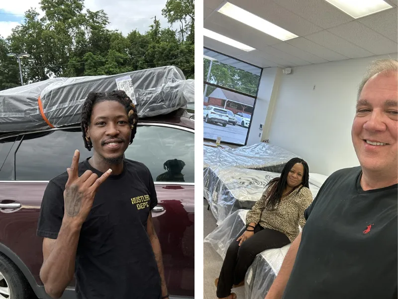 happy customers in a mattress store