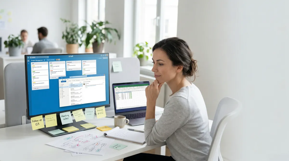 A workspace with scattered sticky notes, multiple screens with overlapping tasks, and a person looking subtly overwhelmed.