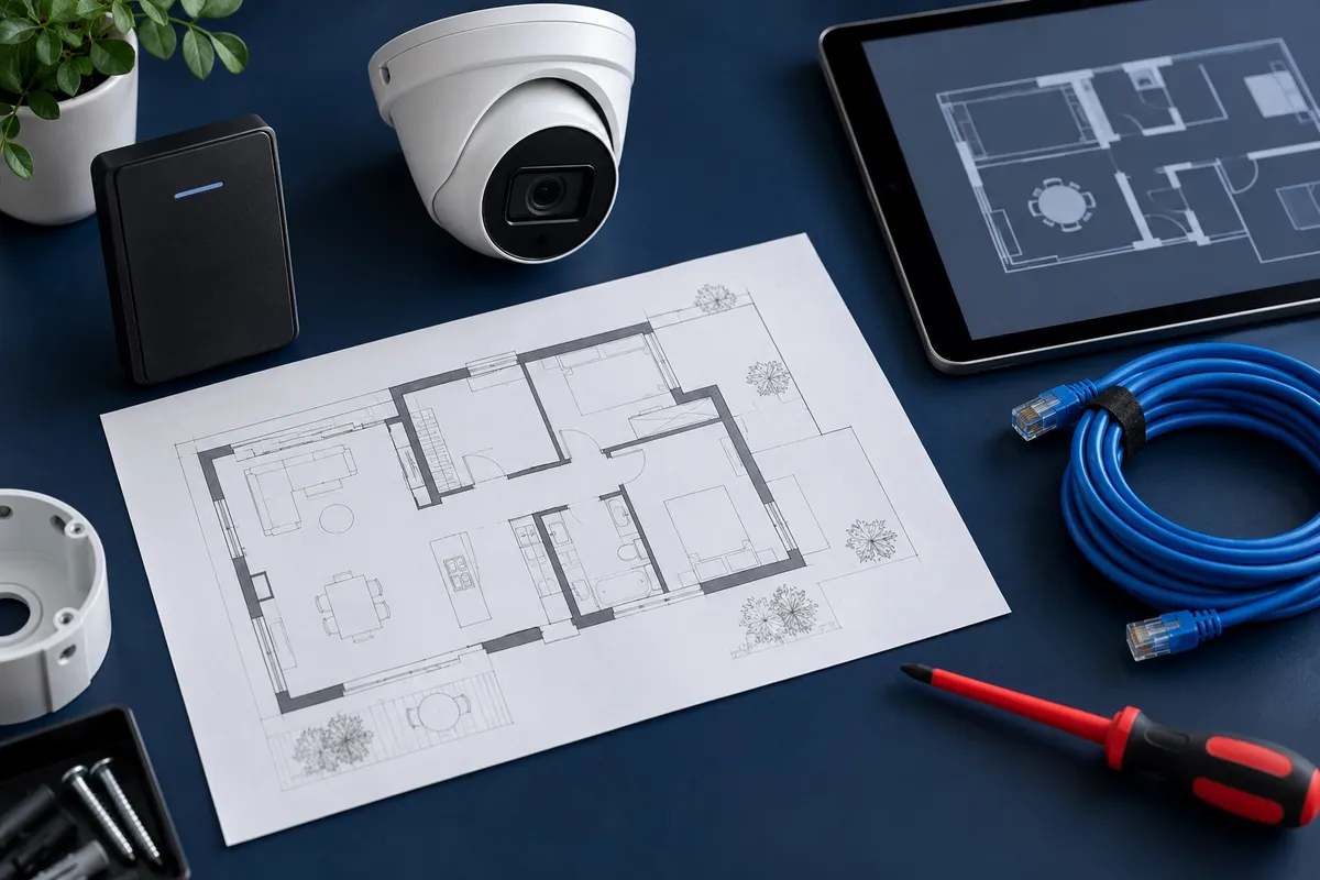 Illustrative security planning with property plans and installation equipment