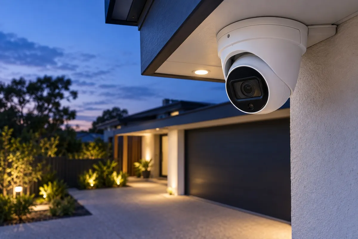 Outdoor CCTV camera installed beneath the eaves of a home