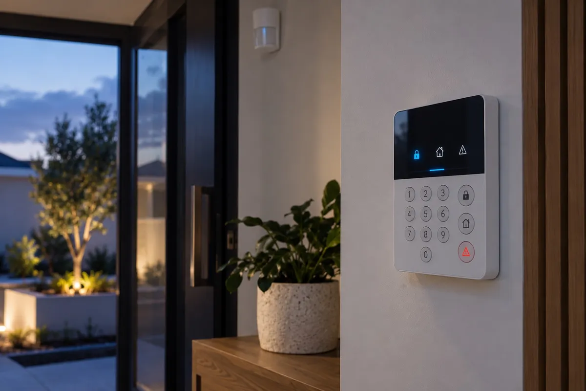 Modern home alarm keypad with a motion detector in the background