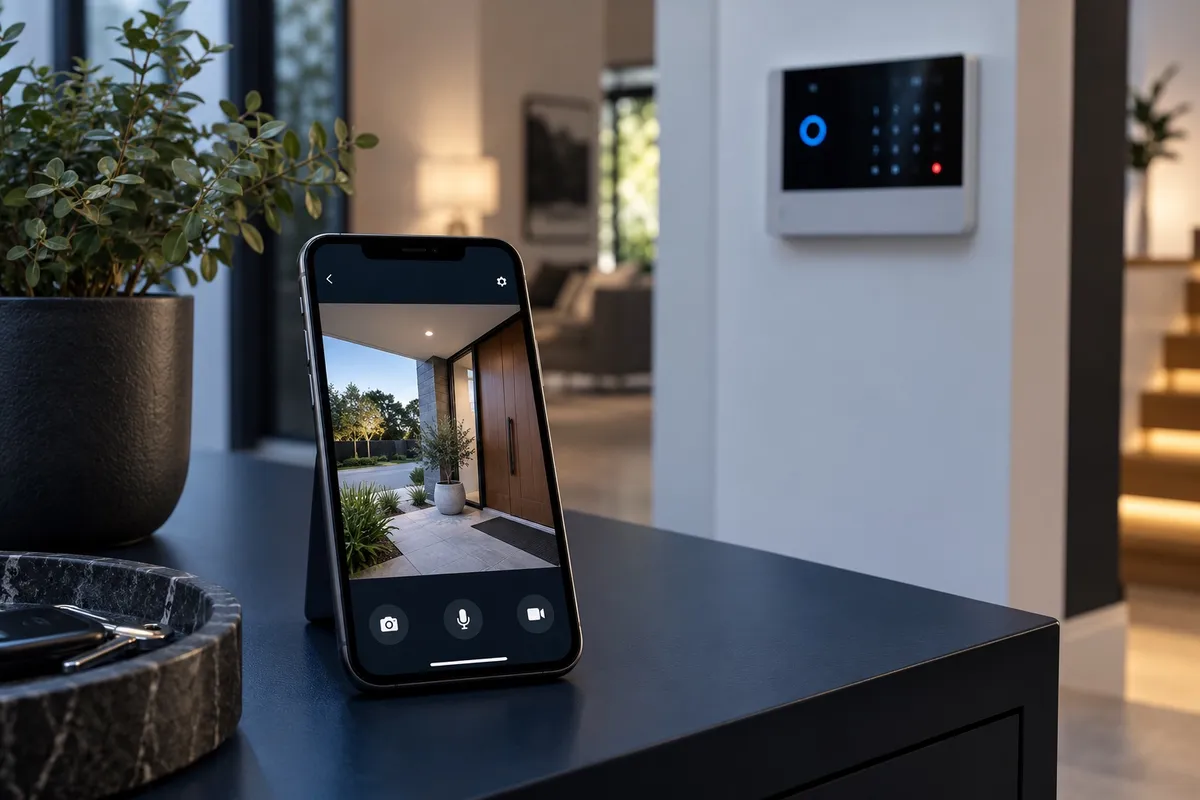 Smartphone displaying security camera views beside a home security panel