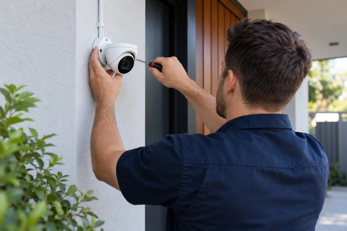 Technician carefully securing a security camera during installation