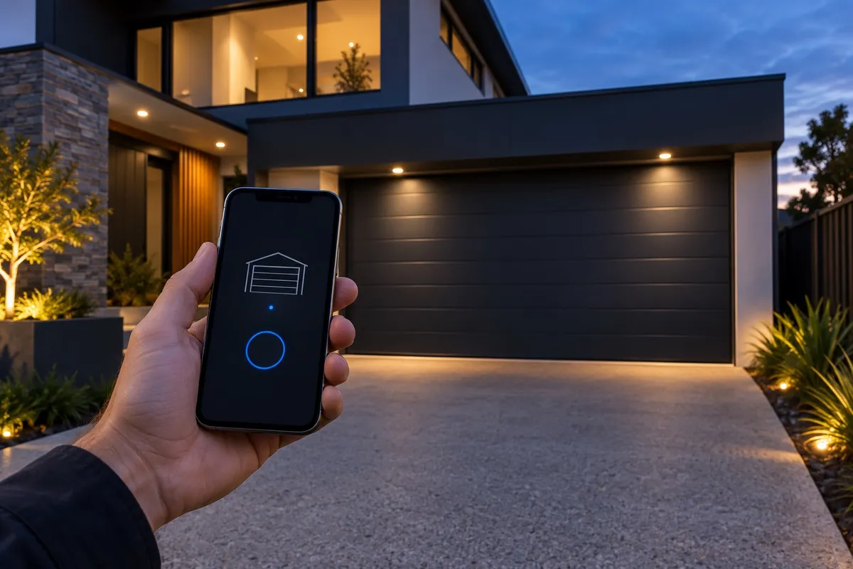 Smartphone with garage door controls in front of a modern residential garage