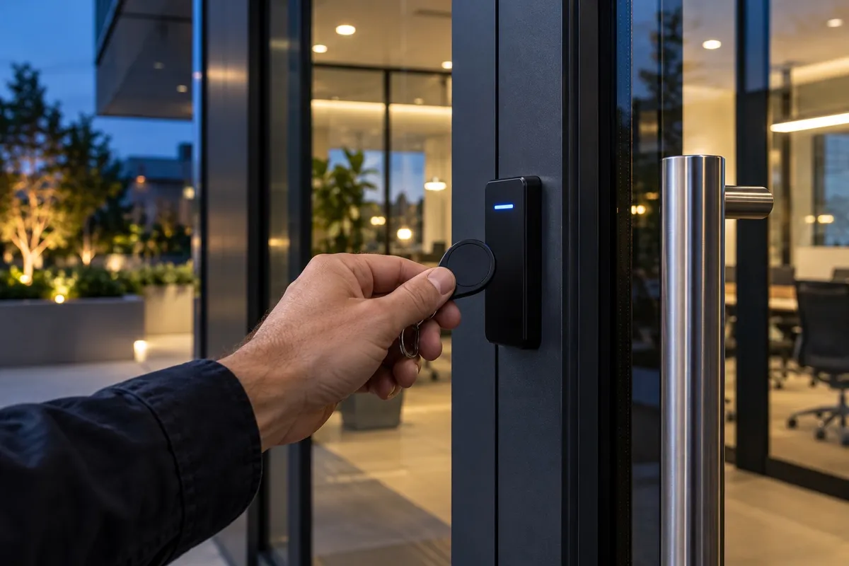 Access fob presented to a reader beside a modern office entrance
