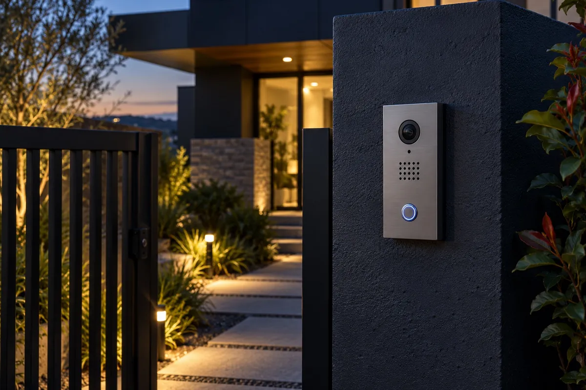 Video intercom installed beside the entrance gate of a modern home