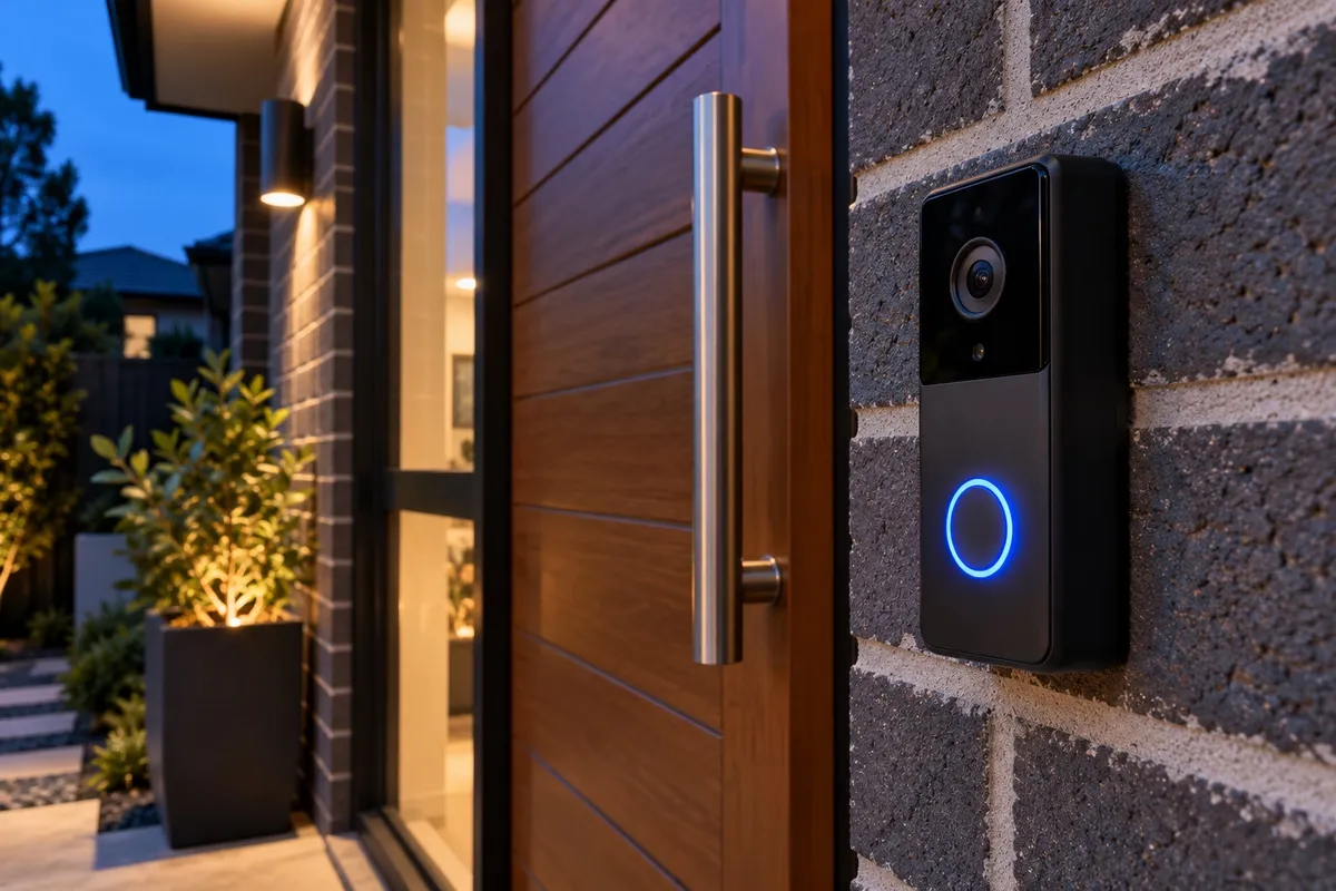 Smart video doorbell neatly mounted beside a contemporary home entrance