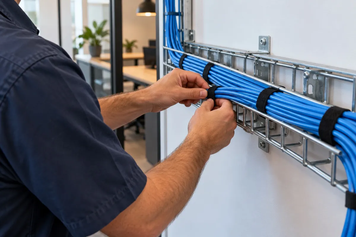 Technician organising blue data cables in a neat cable tray