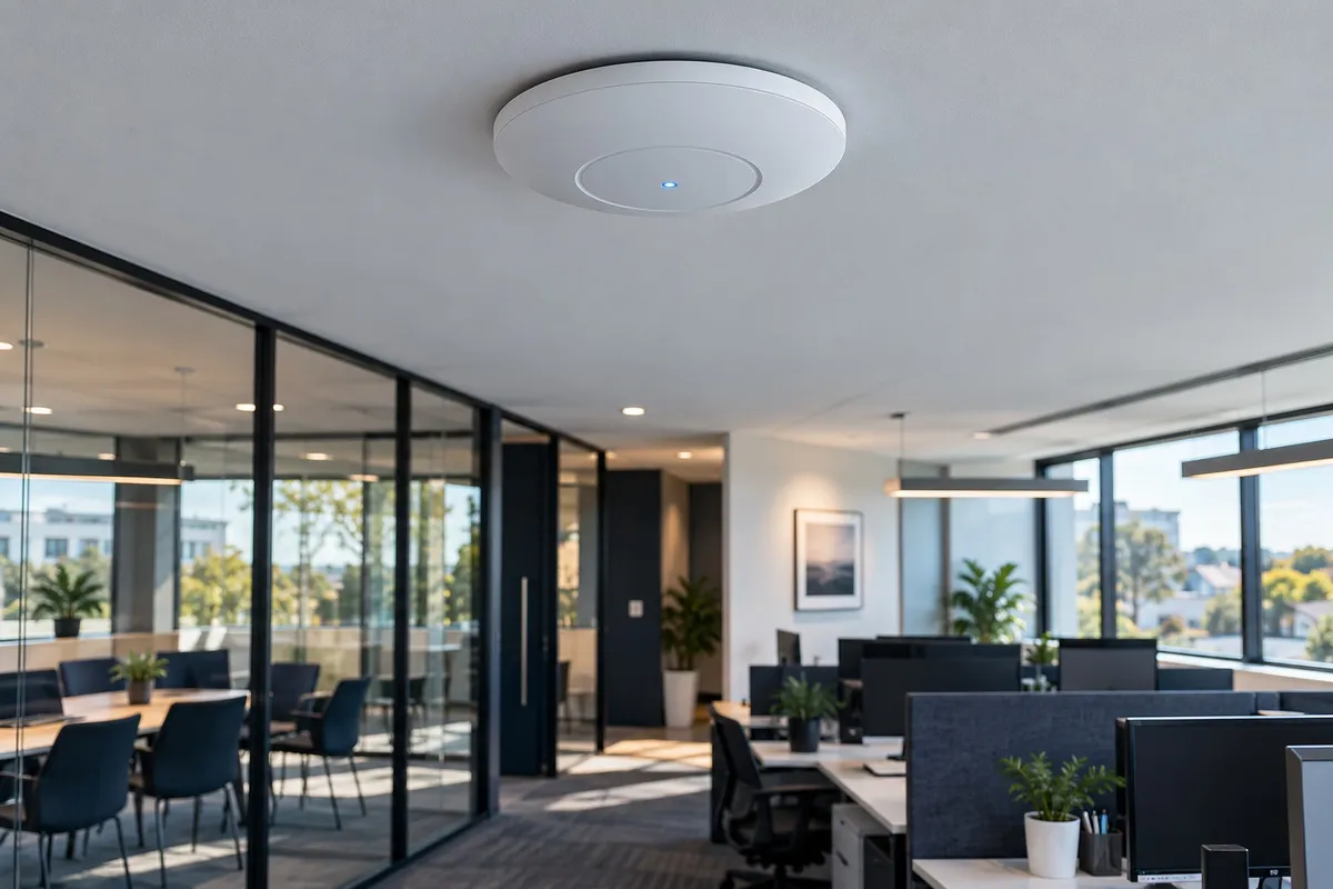 Ceiling-mounted wireless access point in a modern office