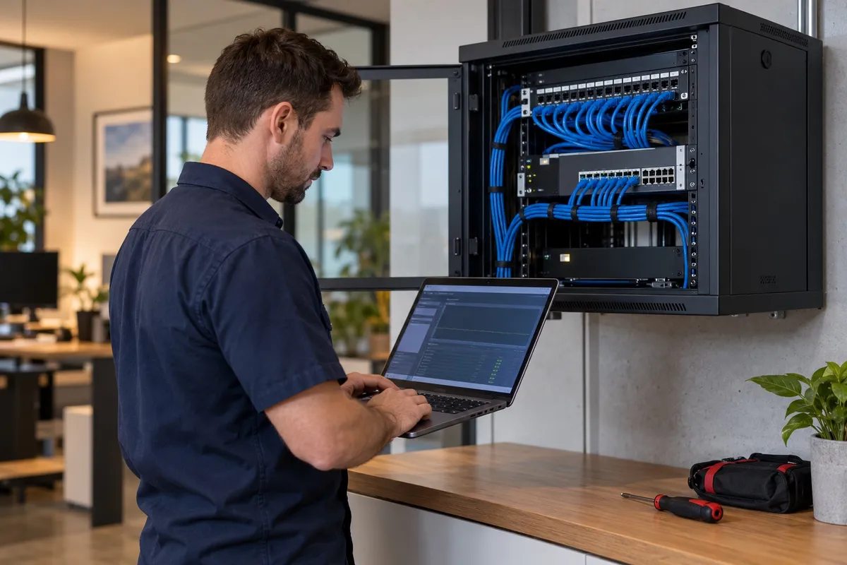 Network technician checking a laptop beside an organised network cabinet