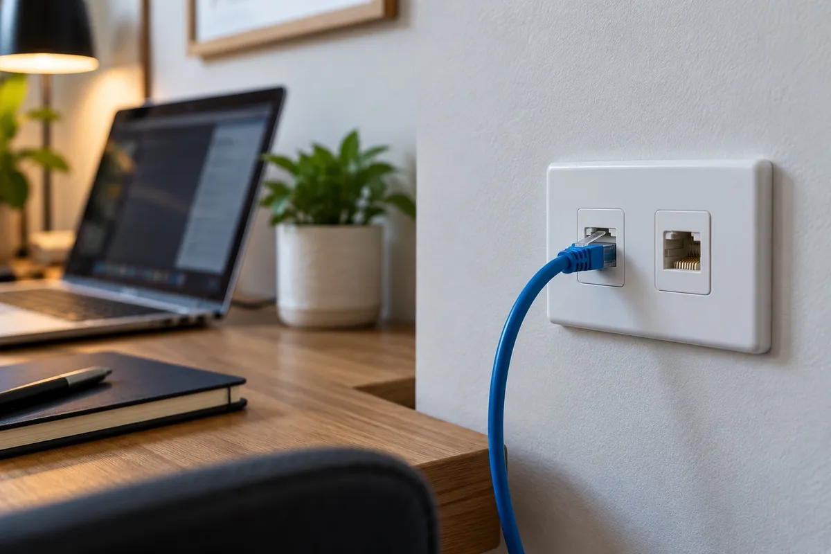 Neat wall-mounted data outlet with a blue Ethernet cable in a home office