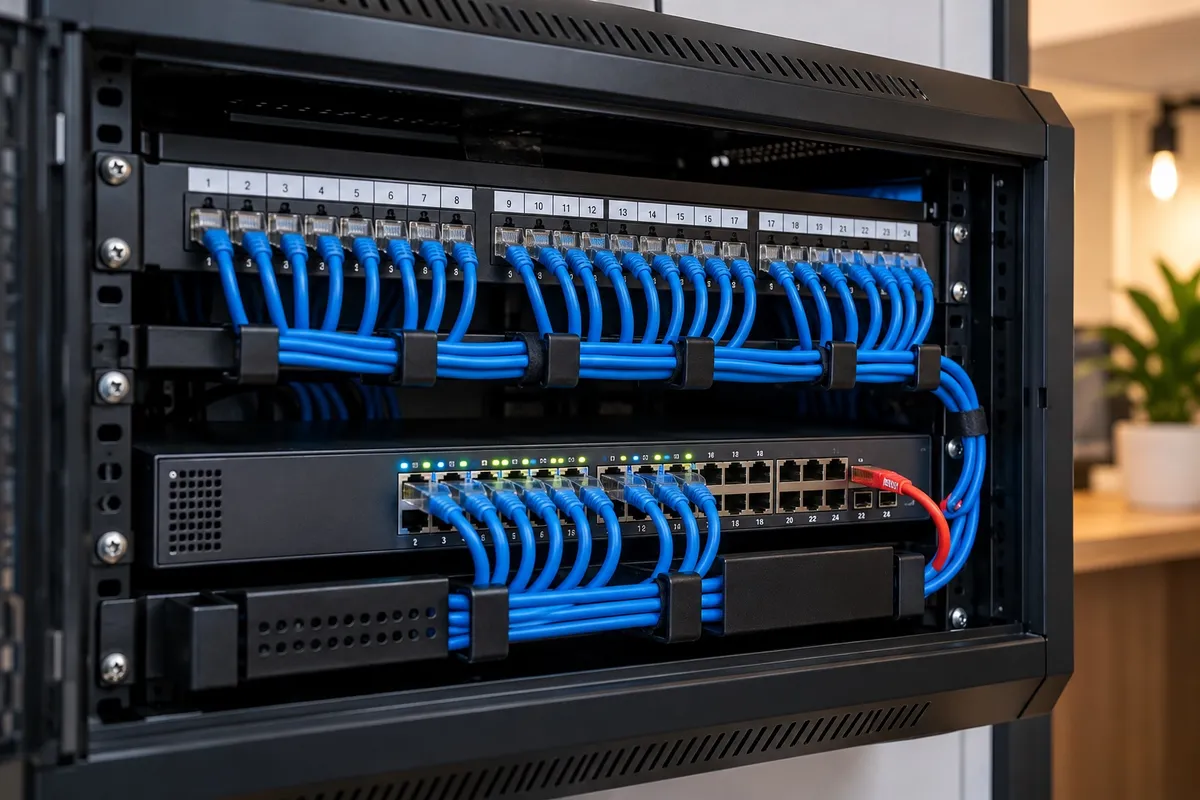 Organised patch panel and network switch with neatly routed blue cables