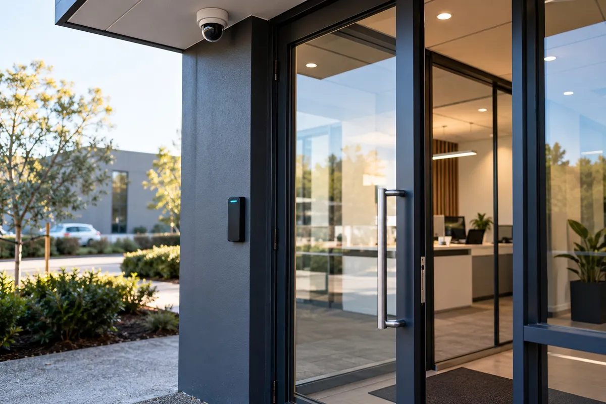 Modern business entrance with a discreet CCTV camera and access-control reader