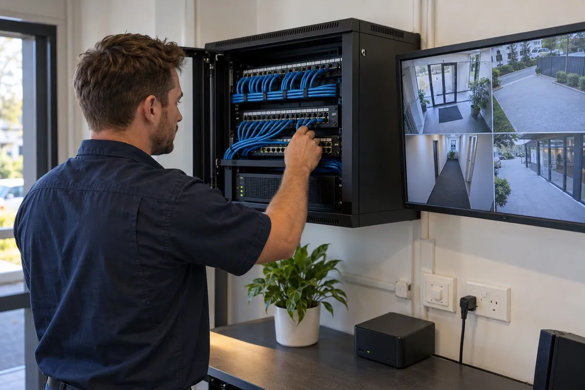 Technician inspecting an organised network cabinet beside a security-camera monitor
