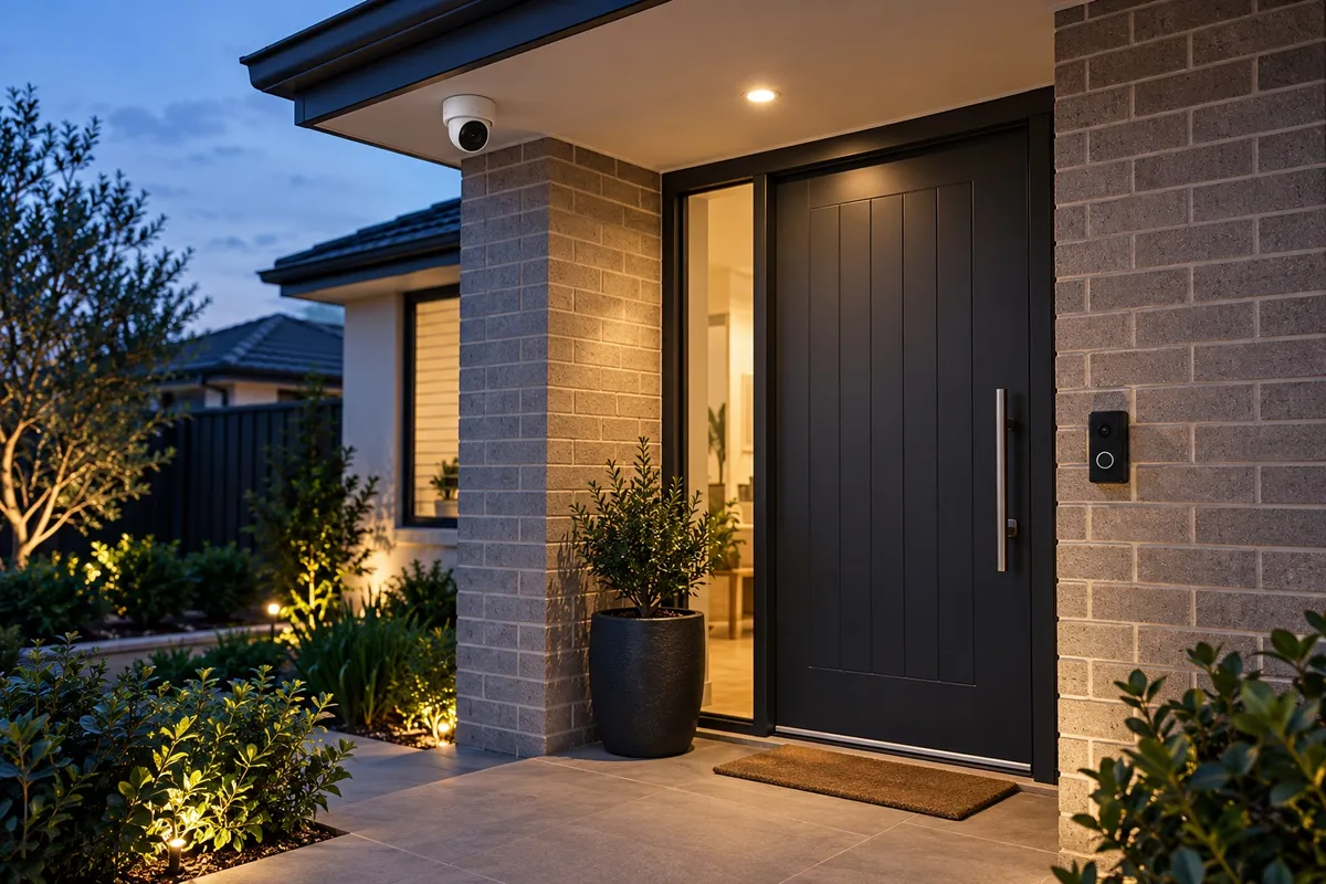 Australian home entrance with a neatly installed security camera and smart doorbell