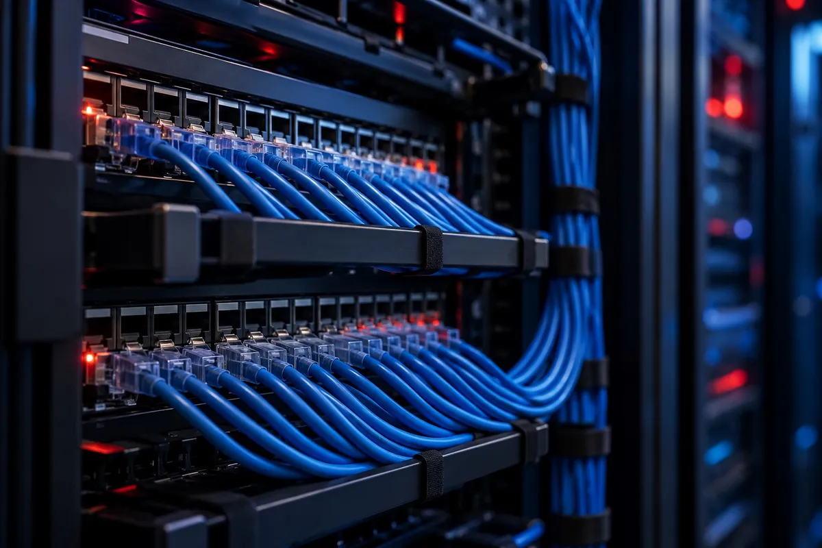 Illustration of organised blue network cables and patch panels
