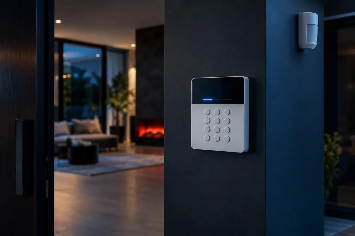 Illustration of a home alarm keypad and motion sensor