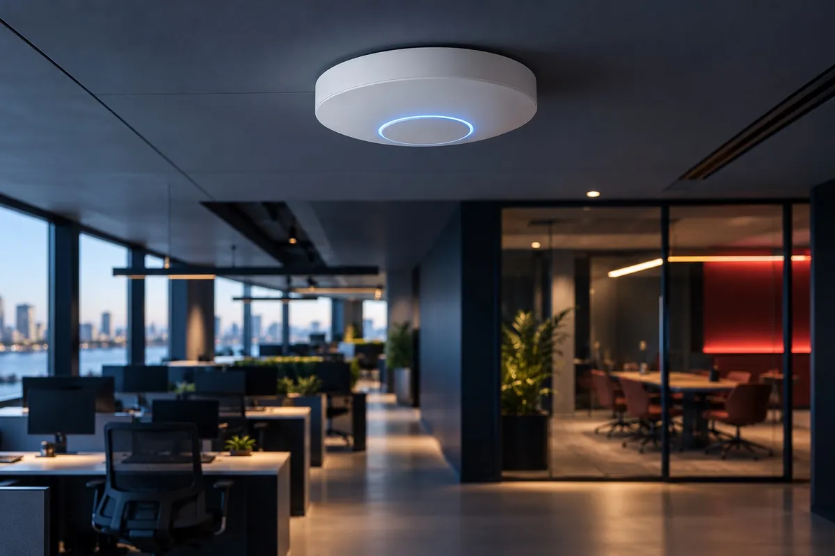 Illustration of a ceiling-mounted wireless access point in an office