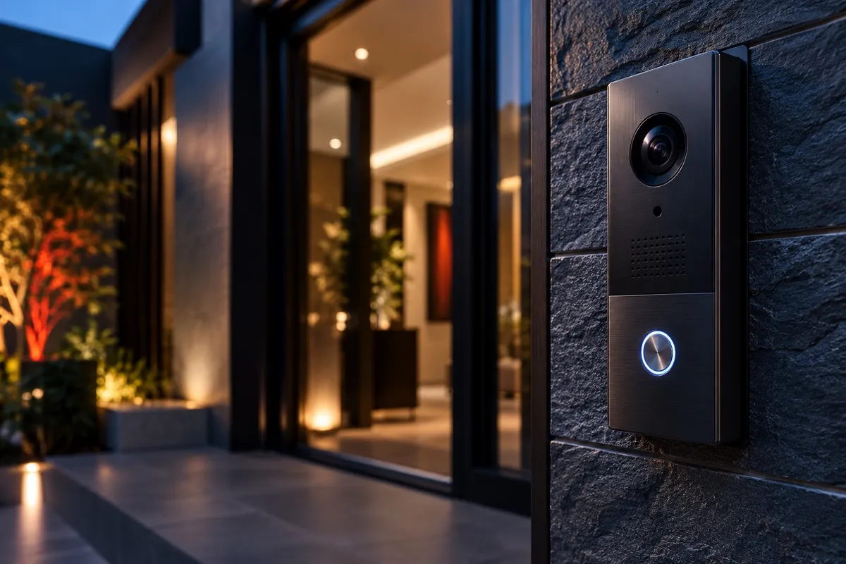 Illustration of a video intercom beside a modern front entrance