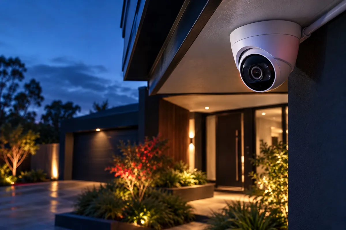 Illustration of a turret CCTV camera mounted beneath a contemporary home's eave