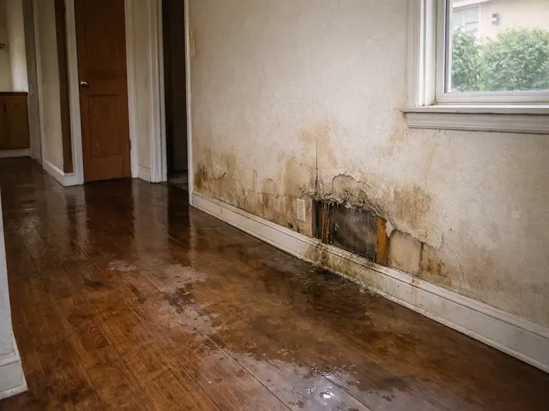 water damage on wall and hardwood floor in menifee ca home