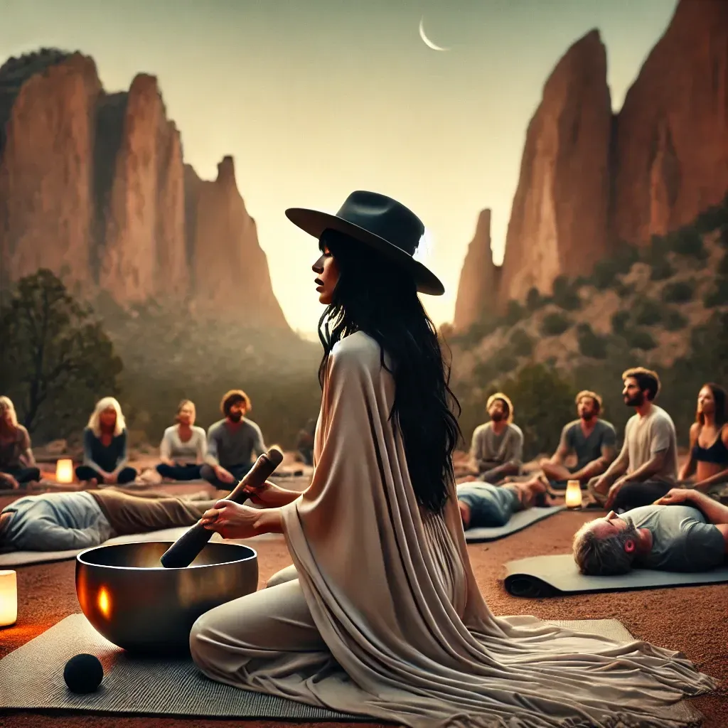 image woman playing a sound bath at smith rock