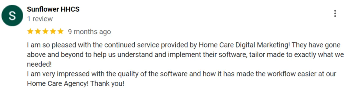 5 star excellent service review for home care digital marketing agency in bucks county
