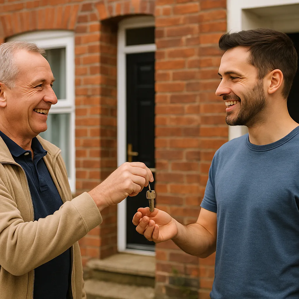 Happy Landlord hands keys to Happy Tenant at well maintained property