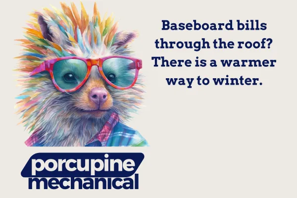 Range hood not working? Your house might be too tight. Branded Porcupine Mechanical title card with porcupine mascot and logo.