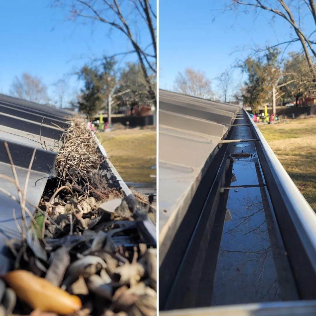 Professional gutter cleaning results: debris-filled gutters transformed to clean flowing condition