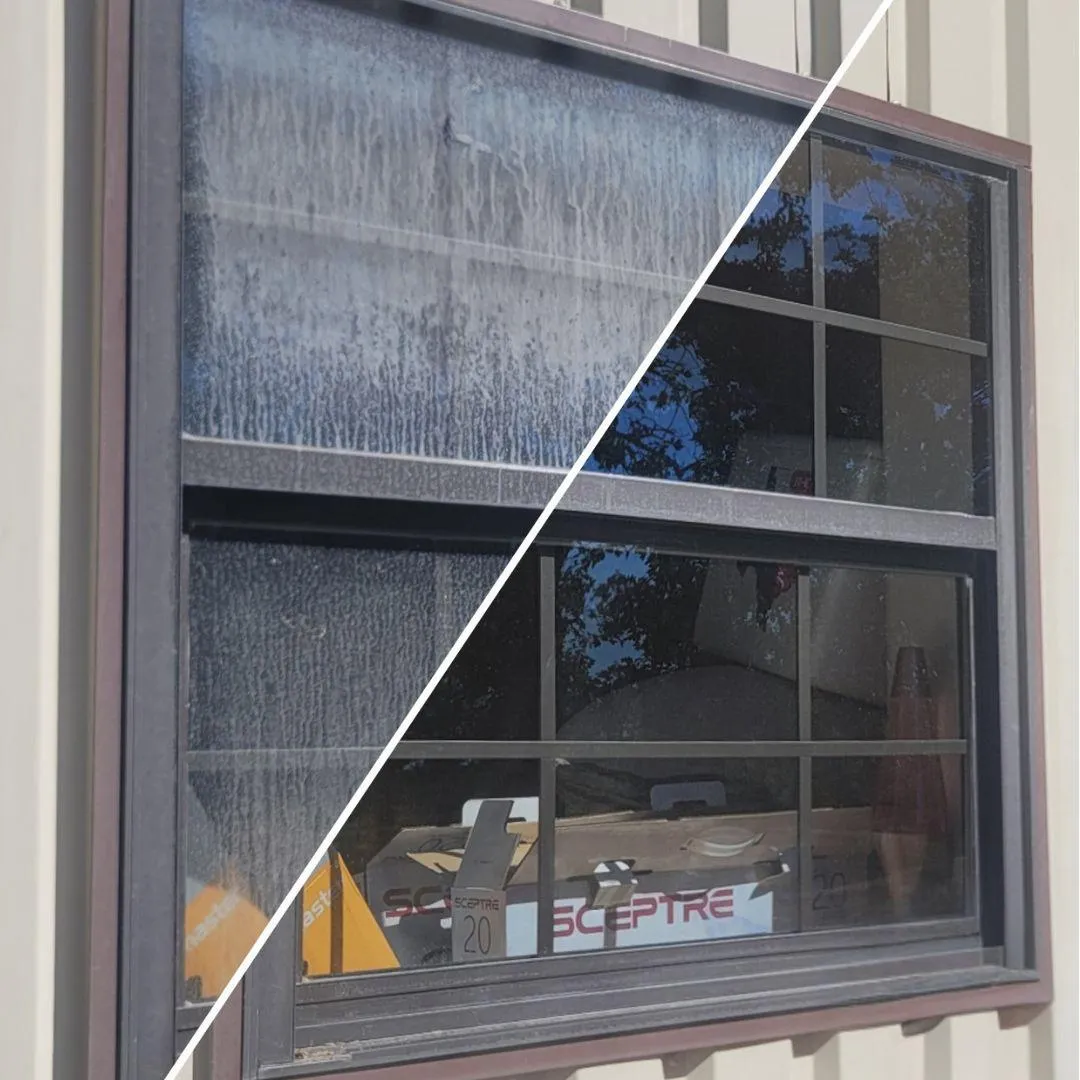 Before and after window cleaning by Shinetime Solutions showing dramatic transformation from soap-covered to crystal clear glass
