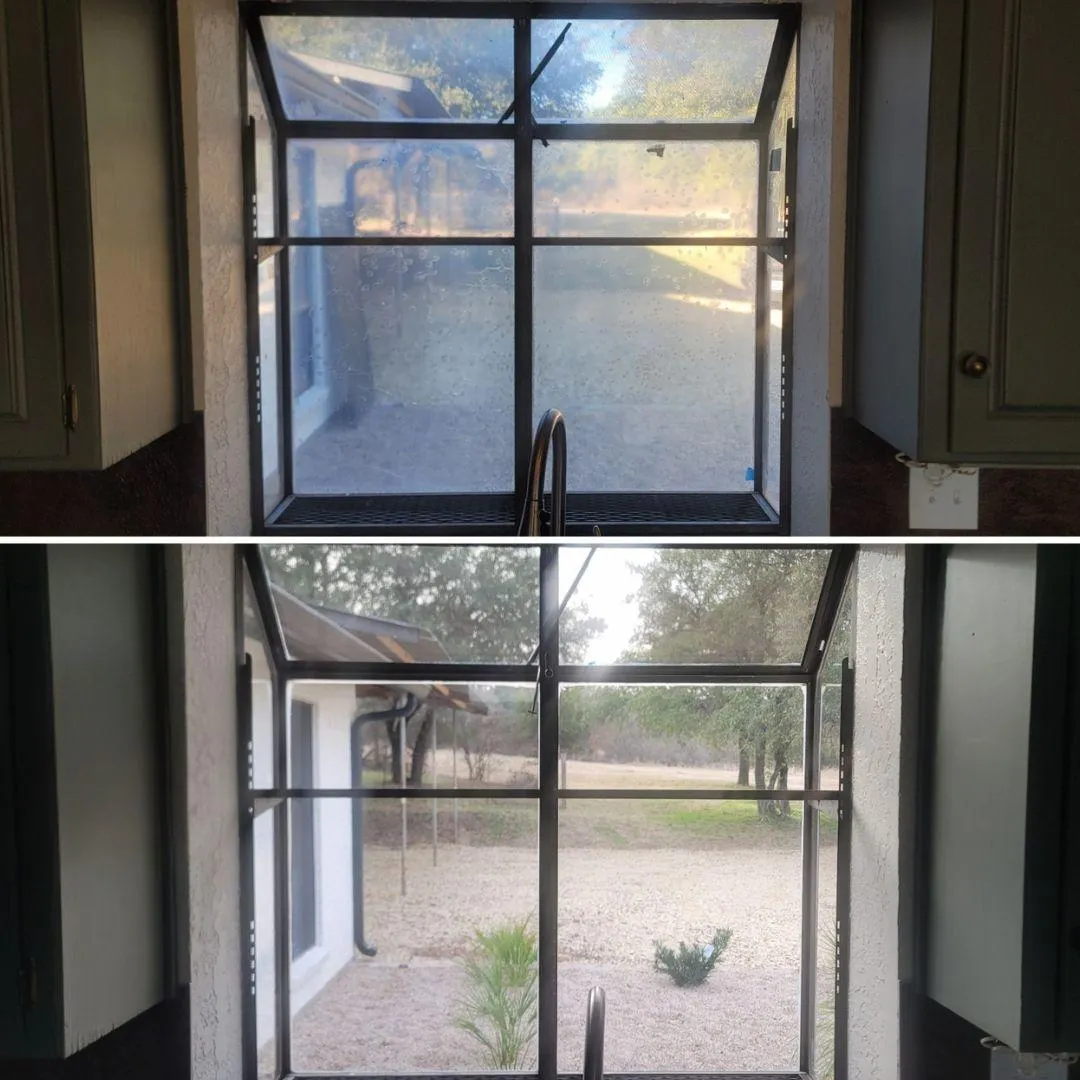 Before and after professional window cleaning by Shinetime Solutions showing transformation from cloudy to crystal clear glass doors