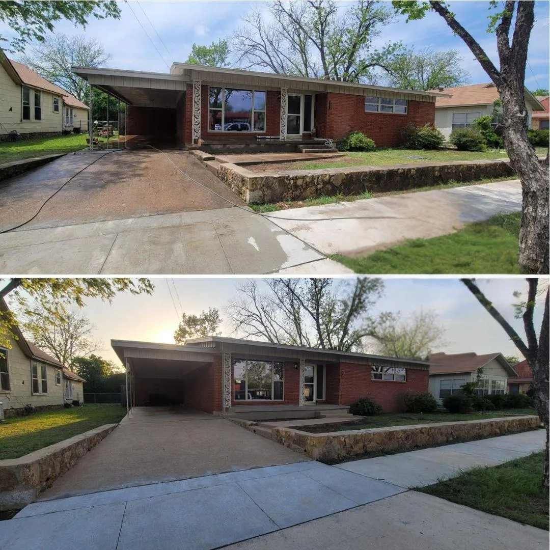 Before and after pressure washing by Shinetime Solutions showing residential driveway and walkway cleaning results