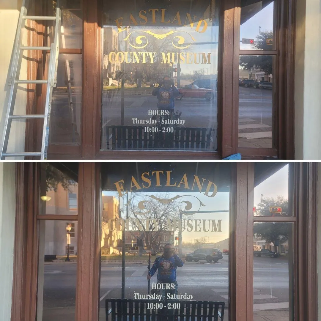 Professional commercial window cleaning results: dirty storefront glass restored to spotless condition for Eastland County Museum