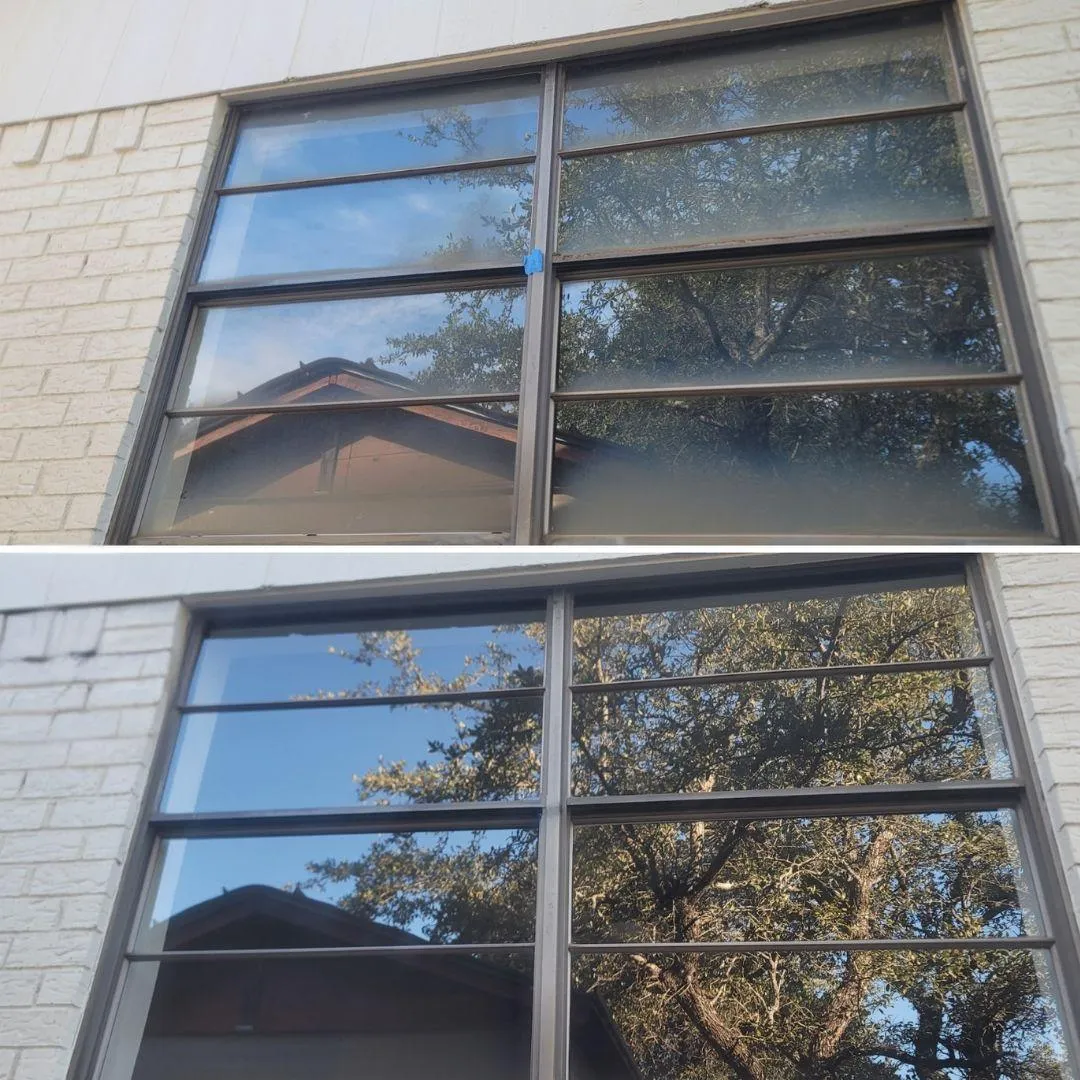Before and after commercial window cleaning by Shinetime Solutions showing exterior office windows transformed from dirty to crystal clear