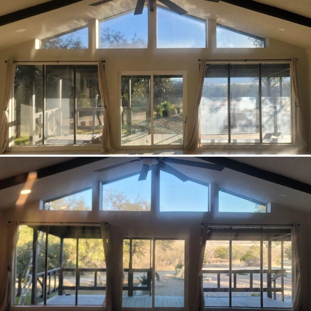 Before and after interior window cleaning by Shinetime Solutions showing large residential windows transformed from streaky to crystal clear