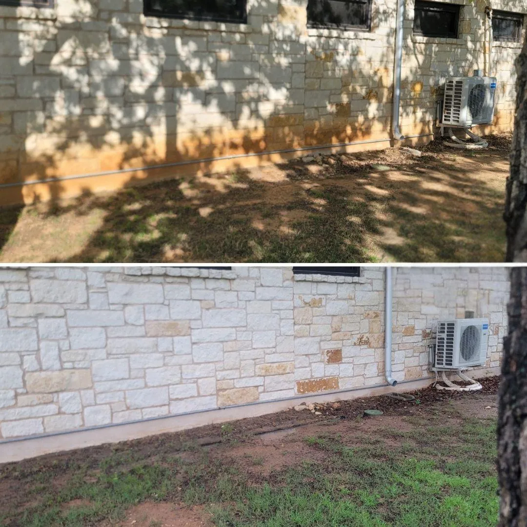 Professional pressure washing results: dirty brick wall transformed to spotless finish removing years of buildup