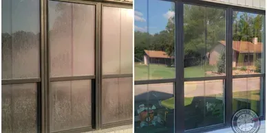 Before and after hard water stain removal by Shinetime Solutions showing glass doors transformed from mineral stained to crystal clear