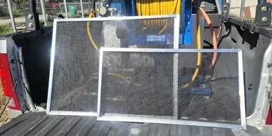 Window screen repair and replacement services by Shinetime Solutions showing damaged screens restored with new frames