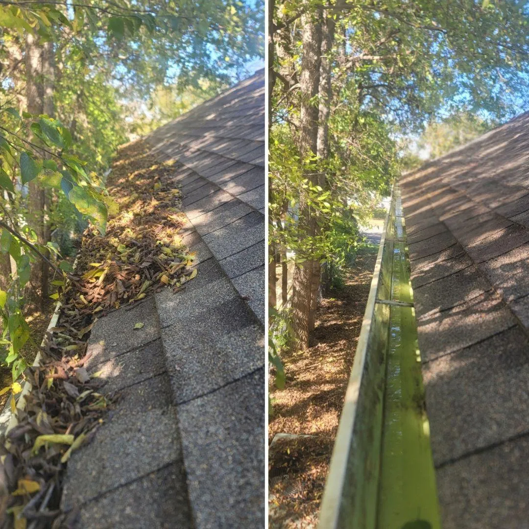 Before and after gutter cleaning by Shinetime Solutions showing clogged gutters transformed to clean flowing condition