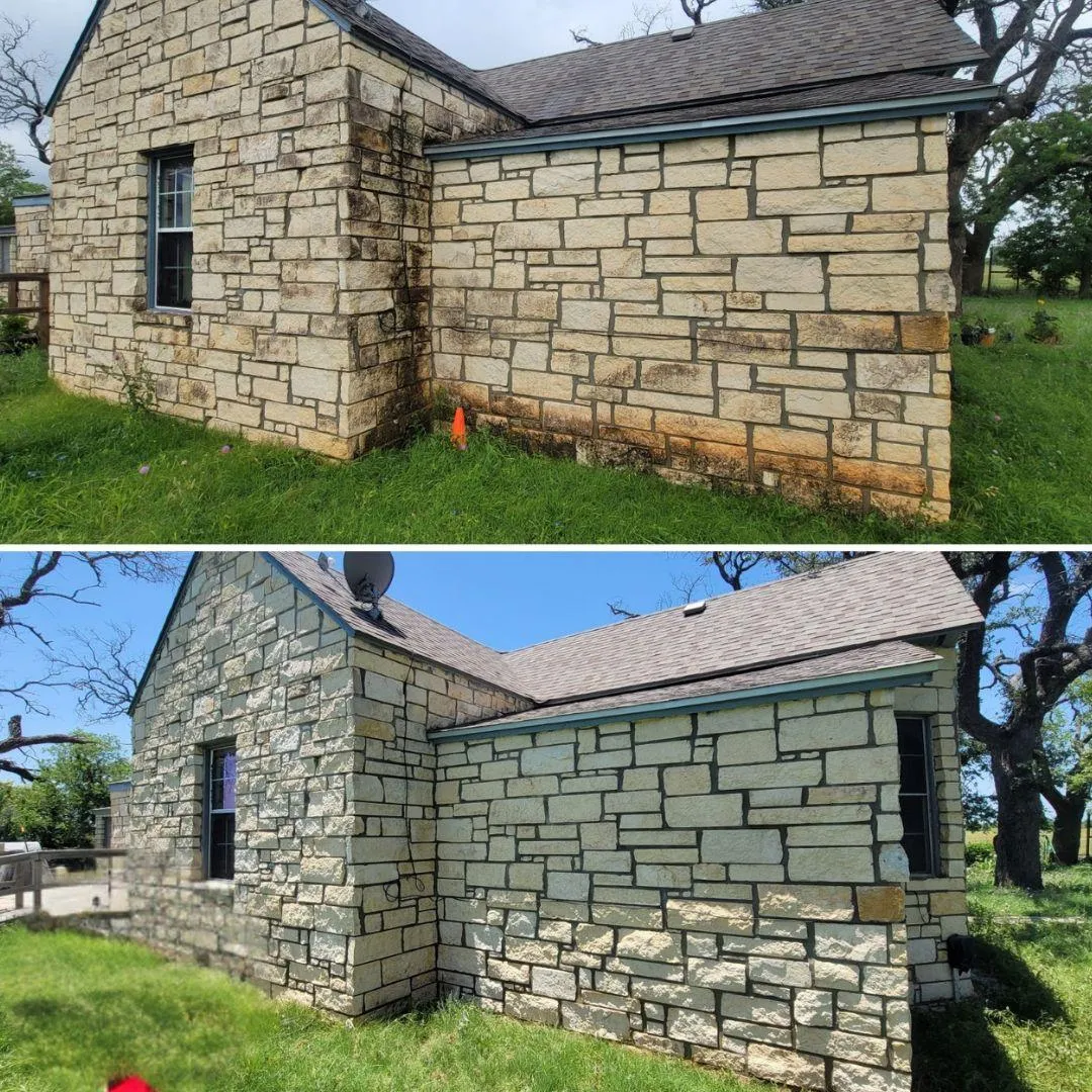 Before and after soft washing by Shinetime Solutions showing algae-covered stone building exterior restored to original beauty