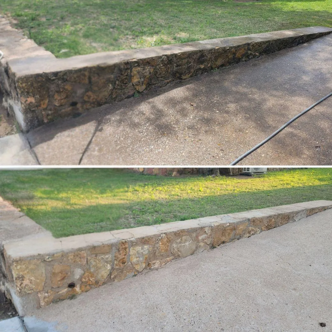 Before and after pressure washing by Shinetime Solutions showing stained concrete retaining wall restored to clean condition