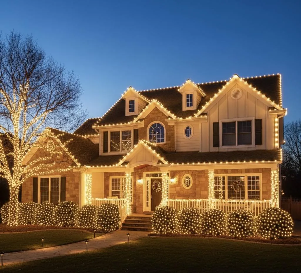 Professional Christmas light installation by Shinetime Solutions showing beautifully illuminated home with festive holiday lighting