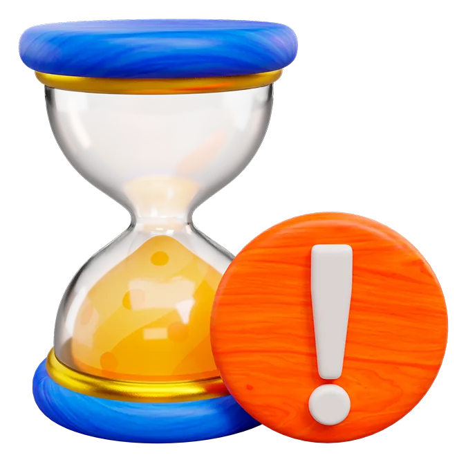 3D illustration of an hourglass with blue and gold accents next to a round orange warning icon with a white exclamation mark. Symbolizes urgency, time running out, or a limited-time offer—commonly used in countdowns or promotional deadlines.