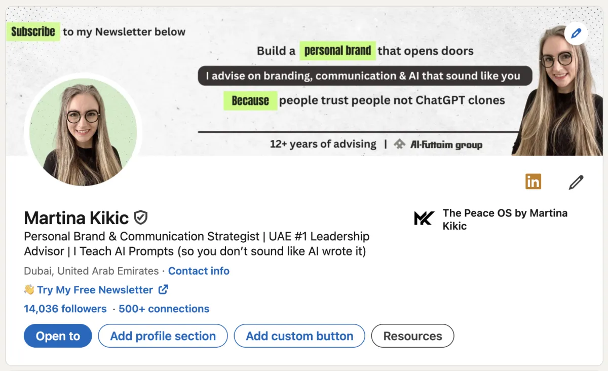 LinkedIn profile banner for Martina Kikic, featuring bold text that reads “Build a personal brand that opens doors” and “Because people trust people not ChatGPT clones.” Includes a professional headshot and messaging focused on AI communication, personal branding, and remote leadership, ideal as a LinkedIn background or headline example for those seeking LinkedIn support or remote work visibility.