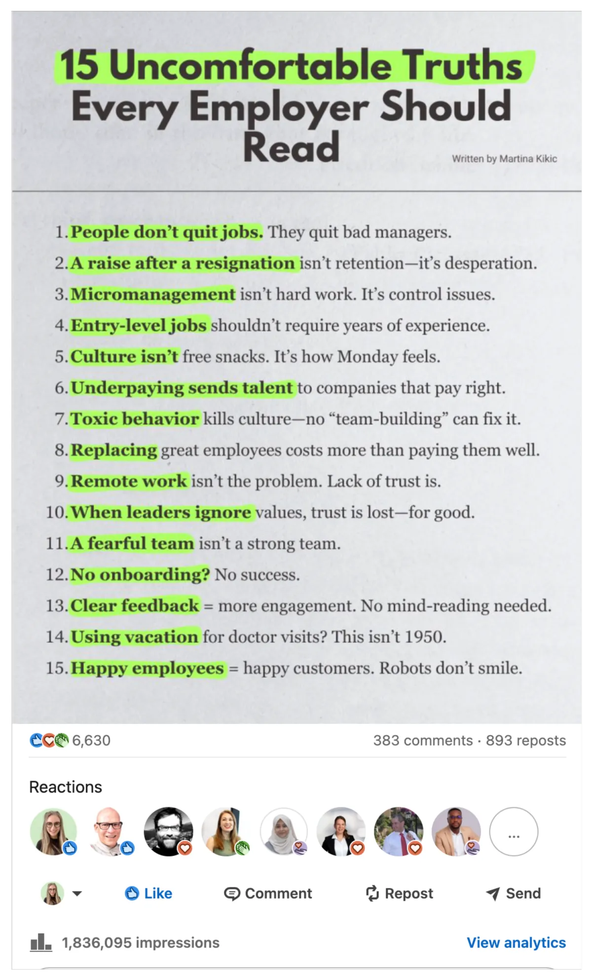 A LinkedIn post by Martina Kikic titled "15 Uncomfortable Truths Every Employer Should Read" lists workplace insights such as “People don’t quit jobs. They quit bad managers” and “Remote work isn’t the problem. Lack of trust is.” Highlighter emphasizes key phrases like “Micromanagement,” “Underpaying sends talent,” and “Happy employees.” The post shows strong engagement with over 1.8 million impressions.