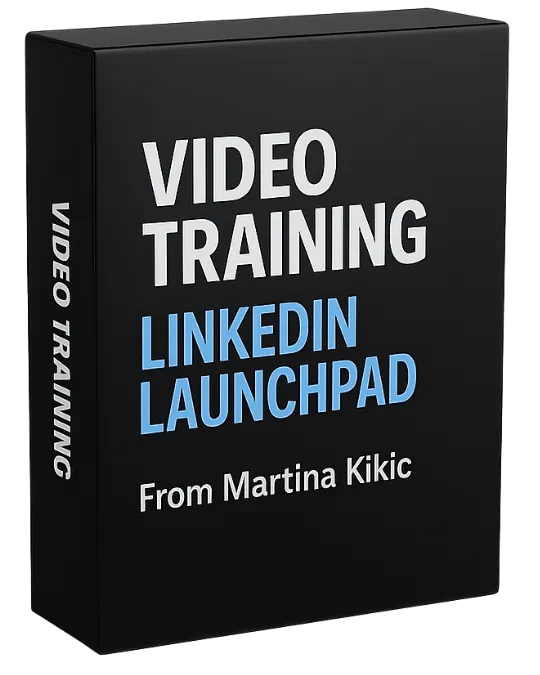 3D mockup of a black digital product box labeled "Video Training LinkedIn Launchpad From Martina Kikic" on a dark background. Represents the LinkedIn video training included in the LinkedIn Launchpad OS system.