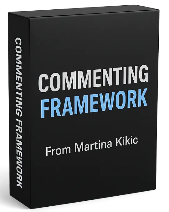 3D black digital product box labeled “Commenting Framework From Martina Kikic” in white and blue text. A LinkedIn engagement tool within the LinkedIn Launchpad OS, designed to help users spark visibility and connection through strategic commenting.