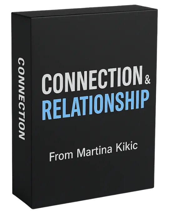 3D product box labeled “Connection & Relationship From Martina Kikic” in white and blue text on a black background. A LinkedIn Launchpad OS module designed to help users grow their audience on LinkedIn and build meaningful professional relationships.